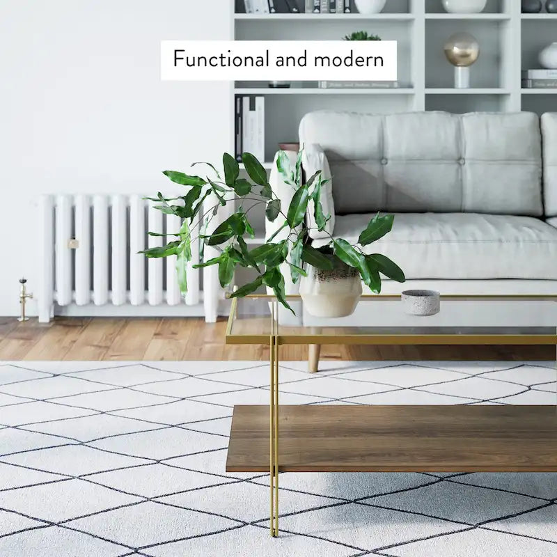 Mid-Century 2-Tier Coffee Table with Glass Top and Oak Shelf