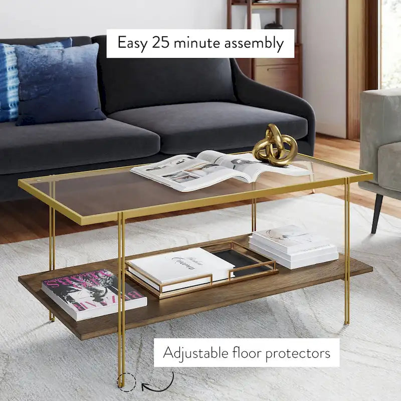 Mid-Century 2-Tier Coffee Table with Glass Top and Oak Shelf