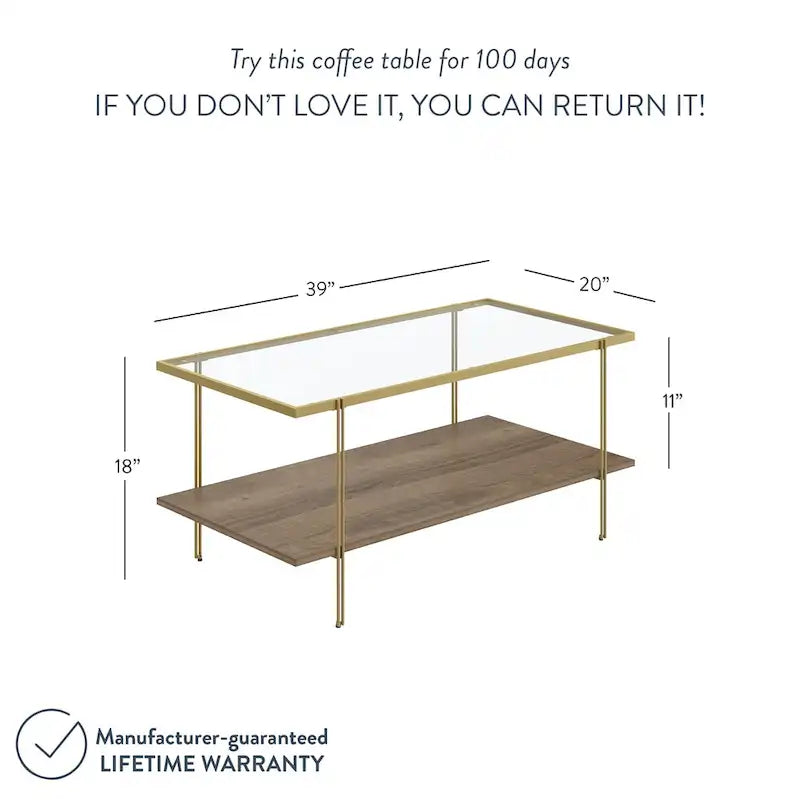 Mid-Century 2-Tier Coffee Table with Glass Top and Oak Shelf