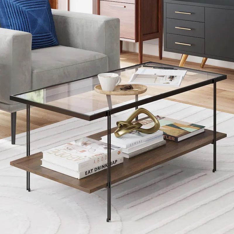 Mid-Century 2-Tier Coffee Table with Glass Top and Oak Shelf
