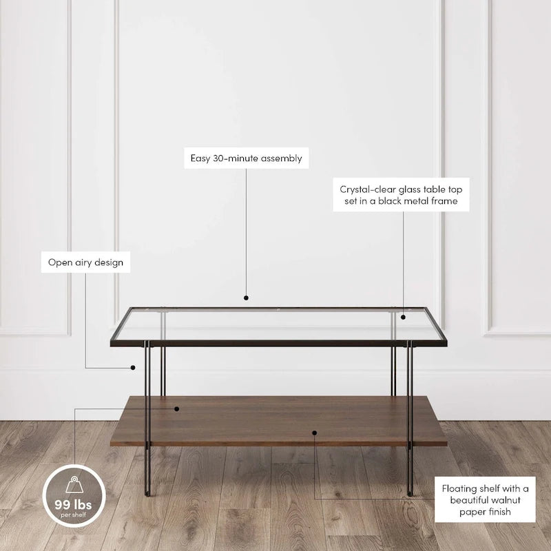 Mid-Century 2-Tier Coffee Table with Glass Top and Oak Shelf