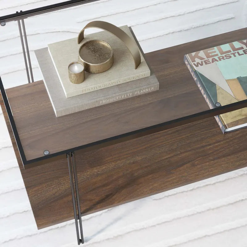 Mid-Century 2-Tier Coffee Table with Glass Top and Oak Shelf