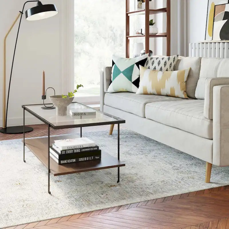 Mid-Century 2-Tier Coffee Table with Glass Top and Oak Shelf