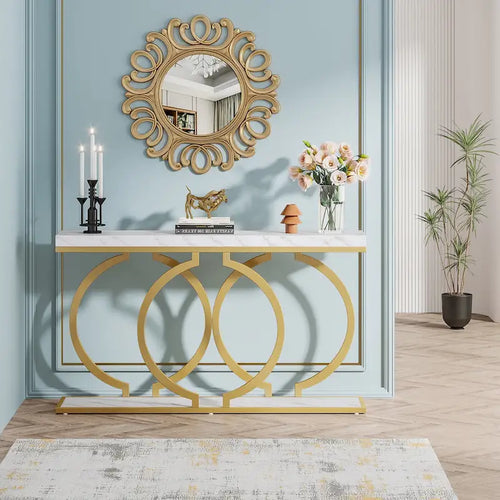 Console dorée de 55 pouces, Table d'entrée en faux marbre, Table basse étroite et longue, Table d'appoint moderne pour salon