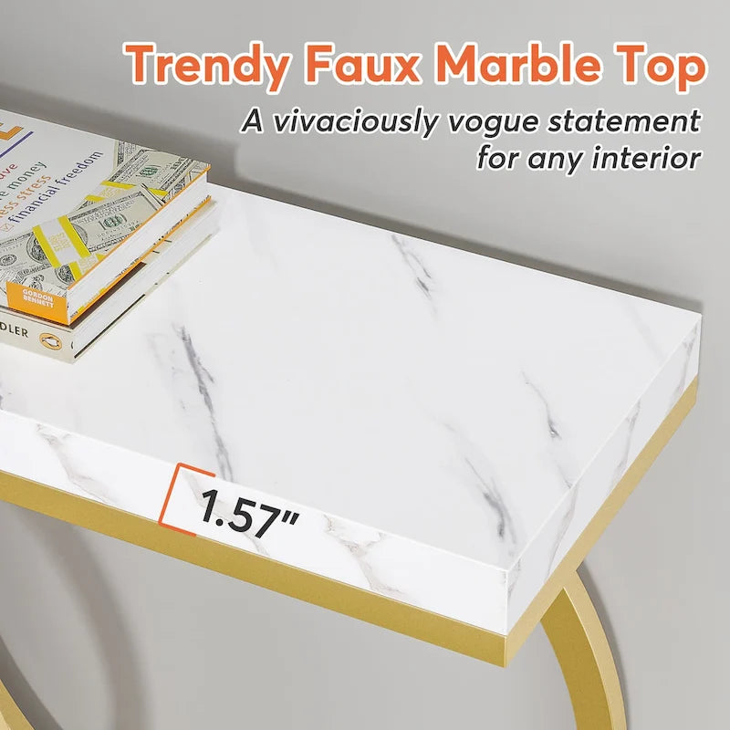 55 inch Gold Console Table, Faux Marble Entryway Table Narrow Long Sofa Table, Modern Accent Table for Living Room