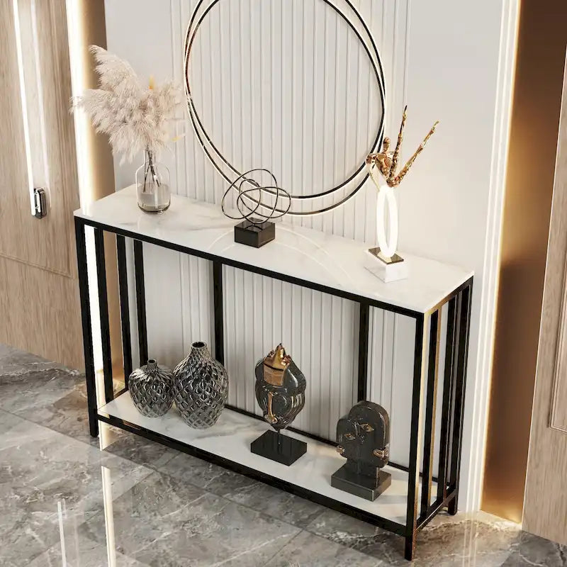 2-Tier Sintered Stone Console Table with Black Metal Frame - 47.2"L