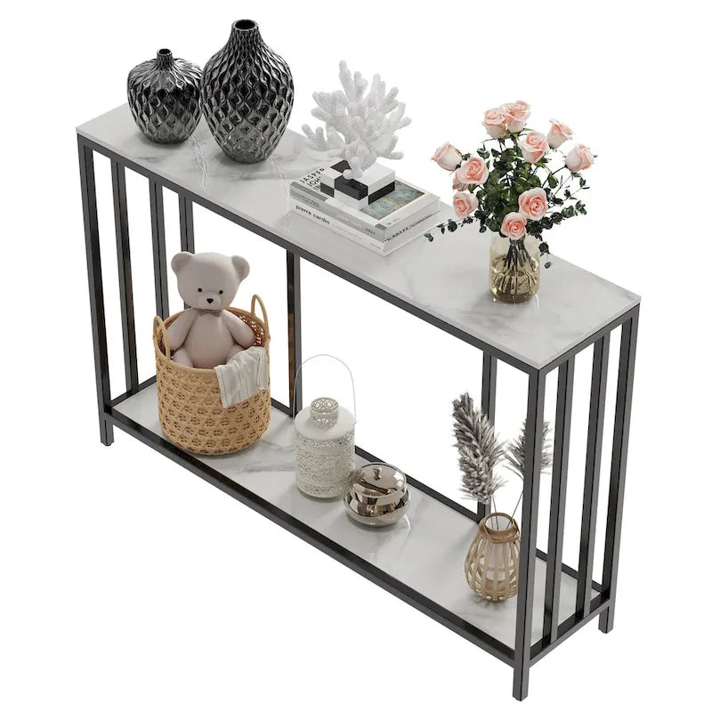 2-Tier Sintered Stone Console Table with Black Metal Frame - 47.2"L