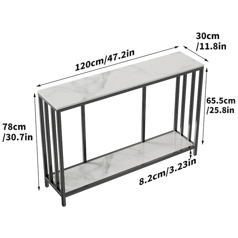 2-Tier Sintered Stone Console Table with Black Metal Frame - 47.2"L