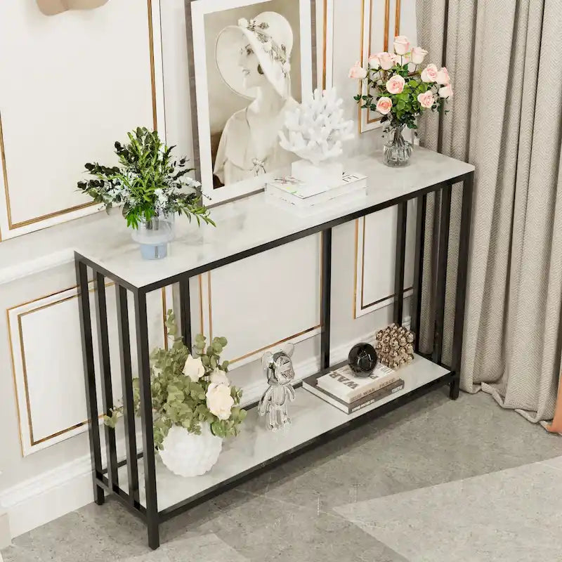 2-Tier Sintered Stone Console Table with Black Metal Frame - 47.2"L