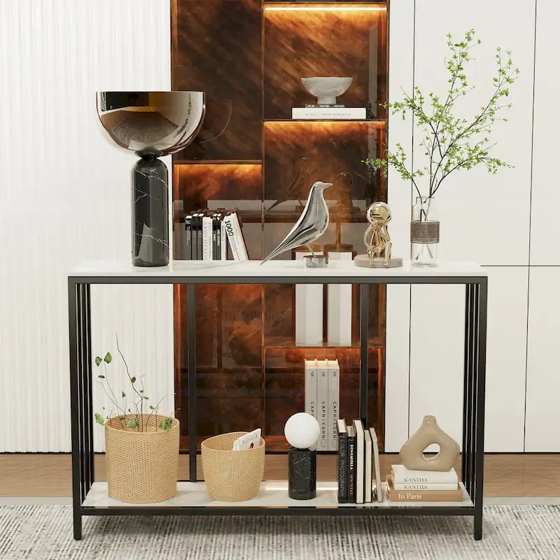 2-Tier Sintered Stone Console Table with Black Metal Frame - 47.2"L