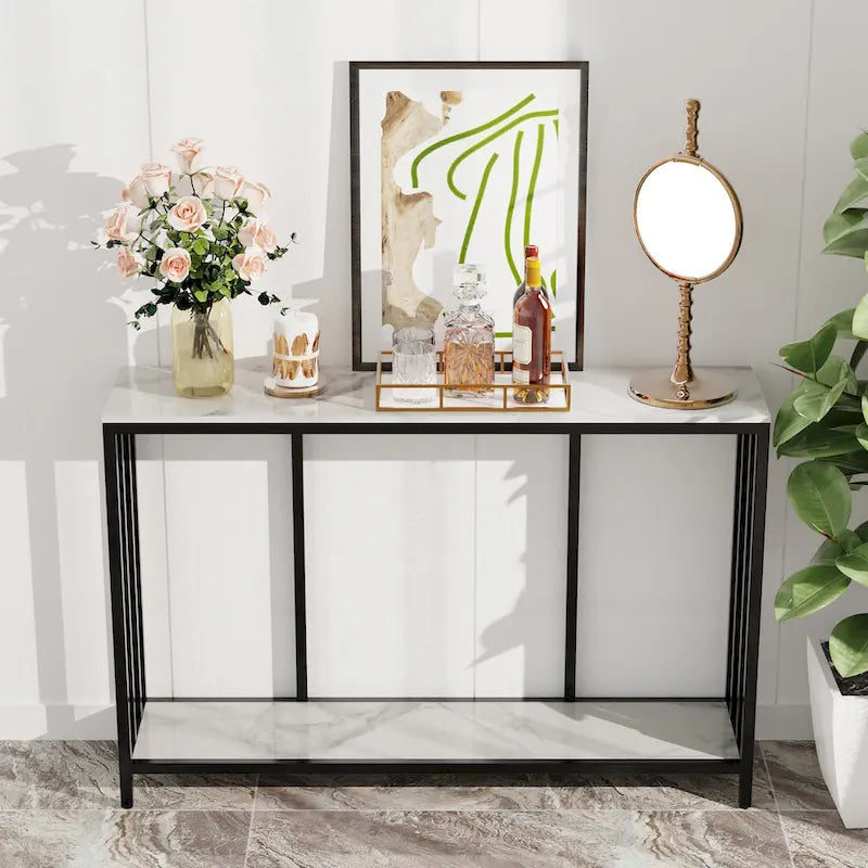 2-Tier Sintered Stone Console Table with Black Metal Frame - 47.2"L