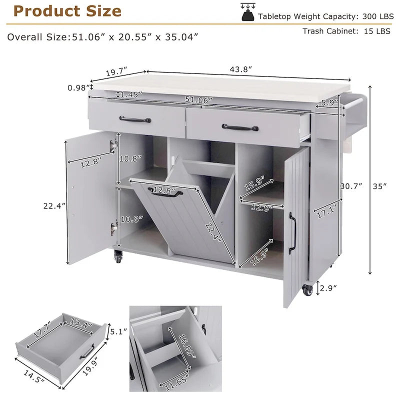 Kitchen Island with Trash Can Storage Cabinet