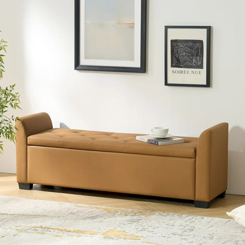 Traditional Tufted Storage Bench with Flared Arms - 57.75"W