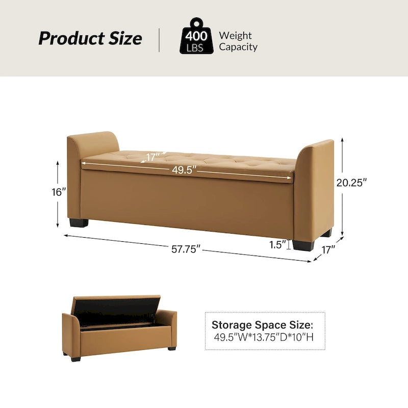 Traditional Tufted Storage Bench with Flared Arms - 57.75"W