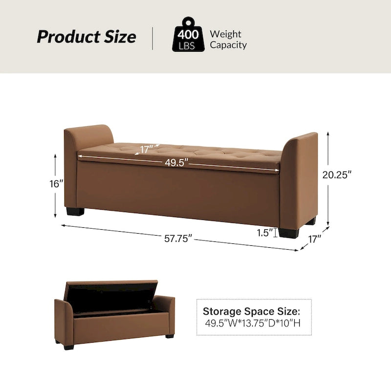 Traditional Tufted Storage Bench with Flared Arms - 57.75"W