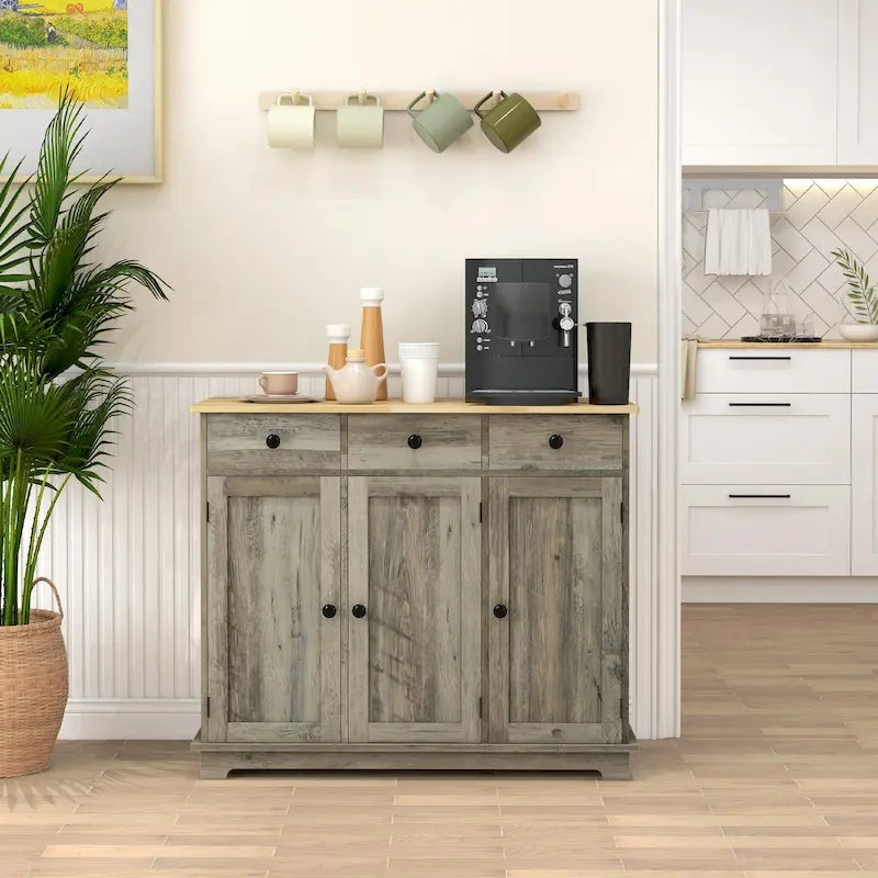 Sideboard Storage Cabinet with Solid Rubberwood Top and 3 Drawers - Distressed Light Grey