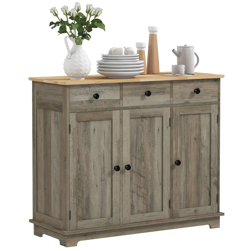 Sideboard Storage Cabinet with Solid Rubberwood Top and 3 Drawers - Distressed Light Grey