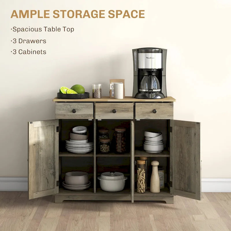 Sideboard Storage Cabinet with Solid Rubberwood Top and 3 Drawers - Distressed Light Grey