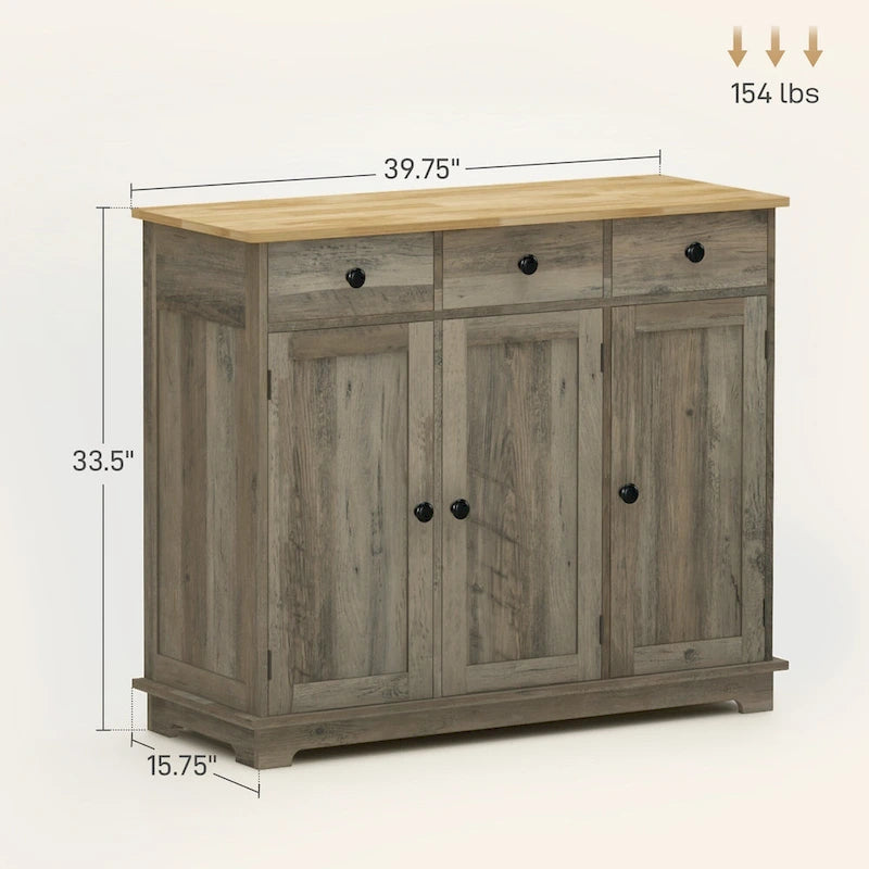 Sideboard Storage Cabinet with Solid Rubberwood Top and 3 Drawers - Distressed Light Grey
