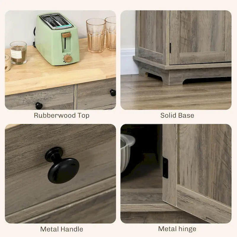 Sideboard Storage Cabinet with Solid Rubberwood Top and 3 Drawers - Distressed Light Grey