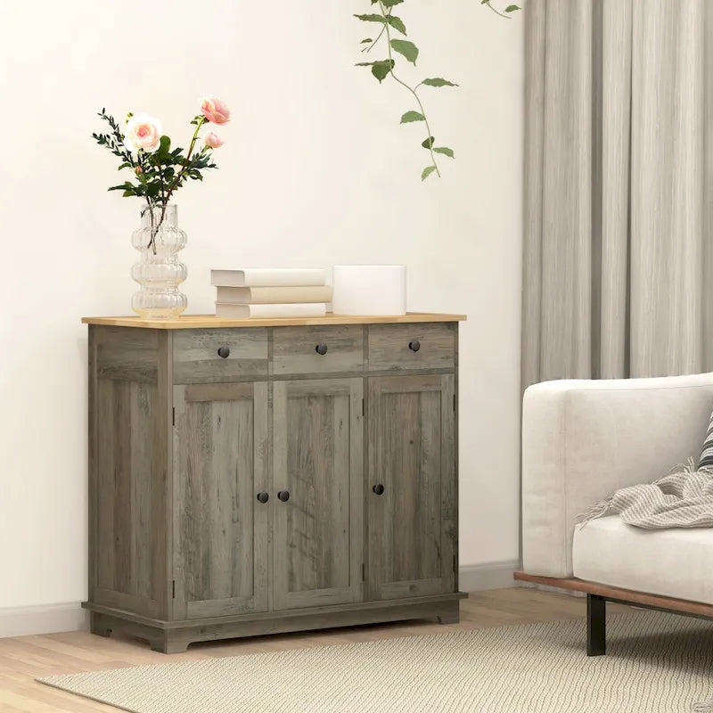 Sideboard Storage Cabinet with Solid Rubberwood Top and 3 Drawers - Distressed Light Grey