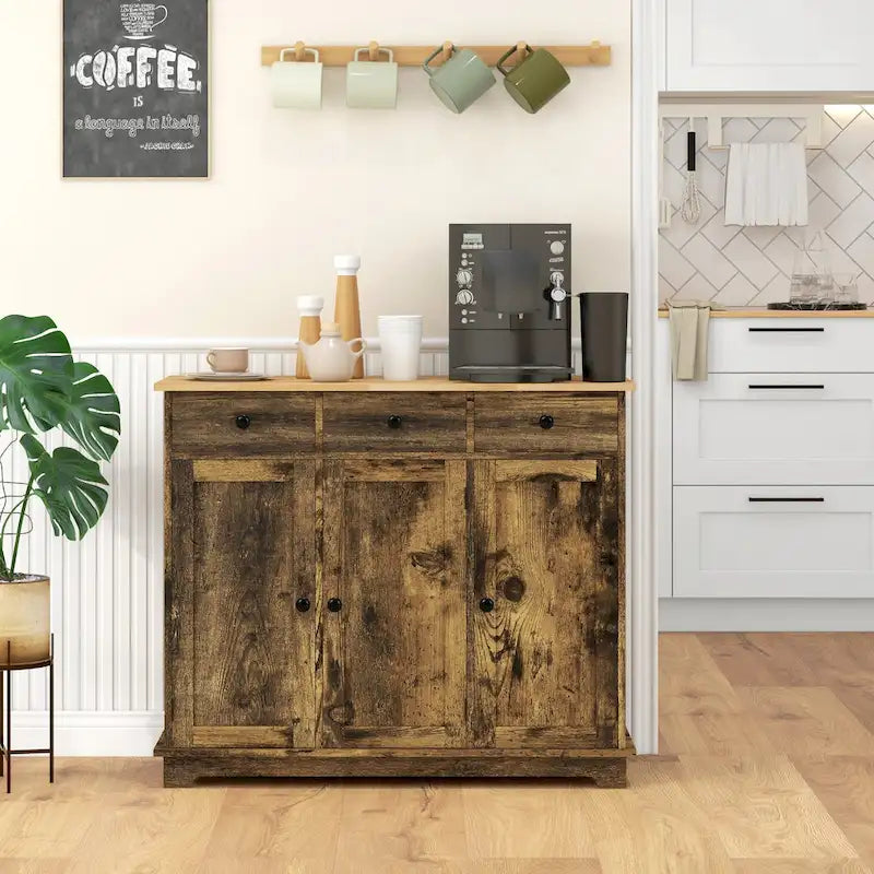 Sideboard Storage Cabinet with Solid Rubberwood Top and 3 Drawers - Distressed Light Grey