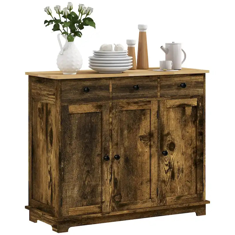 Sideboard Storage Cabinet with Solid Rubberwood Top and 3 Drawers - Distressed Light Grey