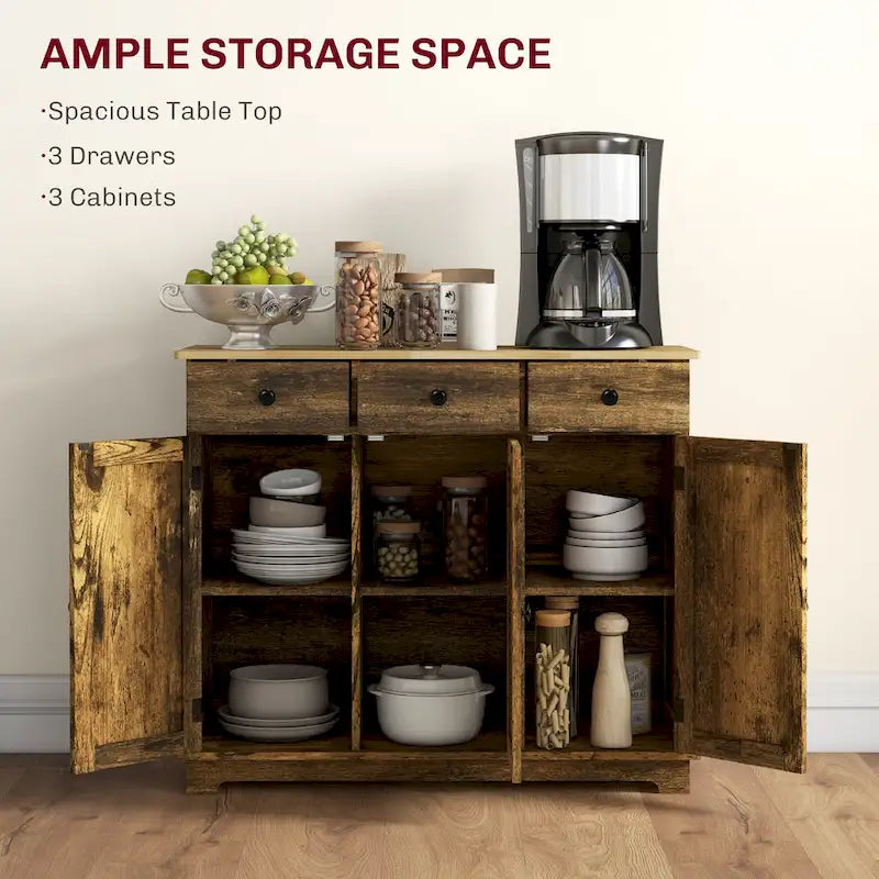 Sideboard Storage Cabinet with Solid Rubberwood Top and 3 Drawers - Distressed Light Grey