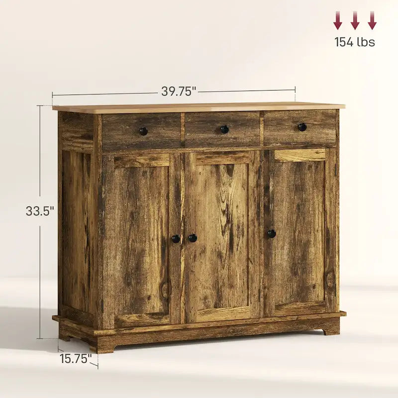Sideboard Storage Cabinet with Solid Rubberwood Top and 3 Drawers - Distressed Light Grey