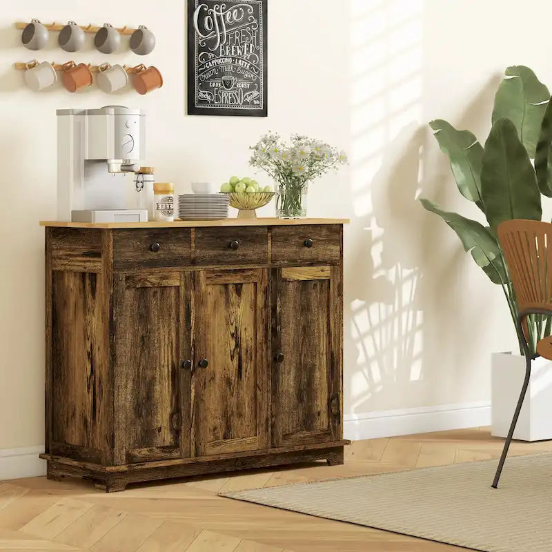 Sideboard Storage Cabinet with Solid Rubberwood Top and 3 Drawers - Distressed Light Grey