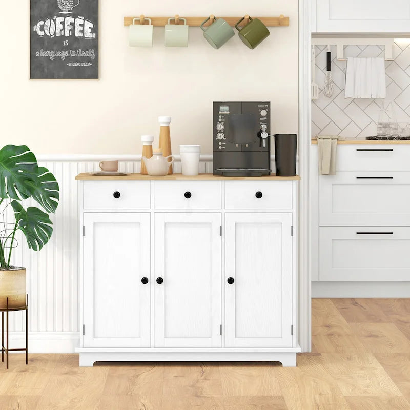 Sideboard Storage Cabinet with Solid Rubberwood Top and 3 Drawers - Distressed Light Grey