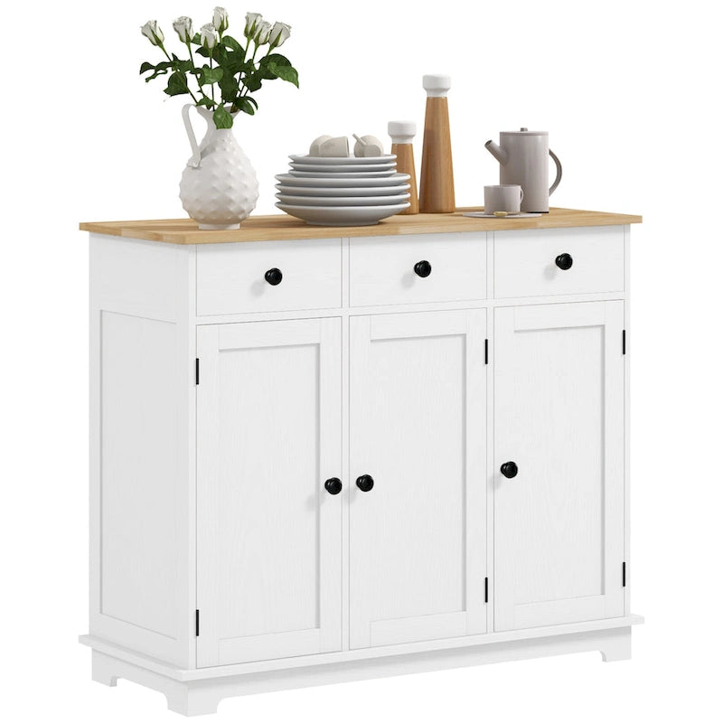 Sideboard Storage Cabinet with Solid Rubberwood Top and 3 Drawers - Distressed Light Grey