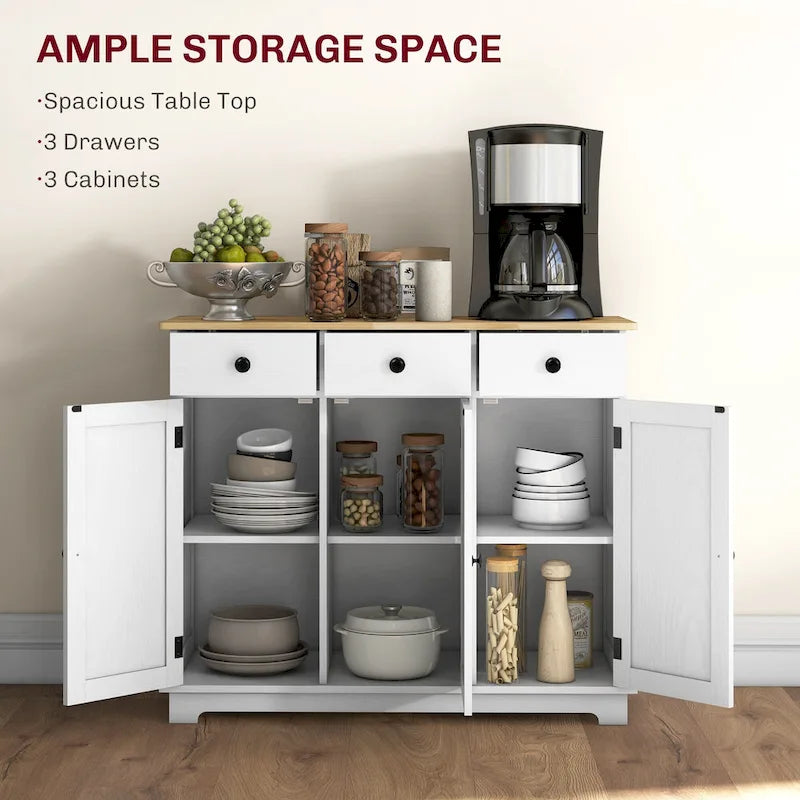Sideboard Storage Cabinet with Solid Rubberwood Top and 3 Drawers - Distressed Light Grey