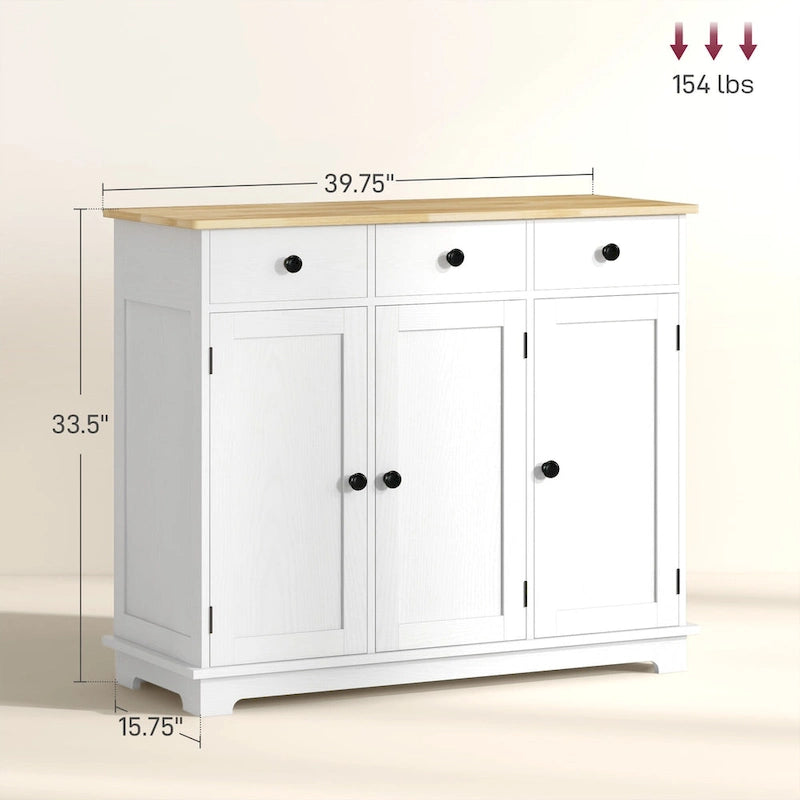 Sideboard Storage Cabinet with Solid Rubberwood Top and 3 Drawers - Distressed Light Grey