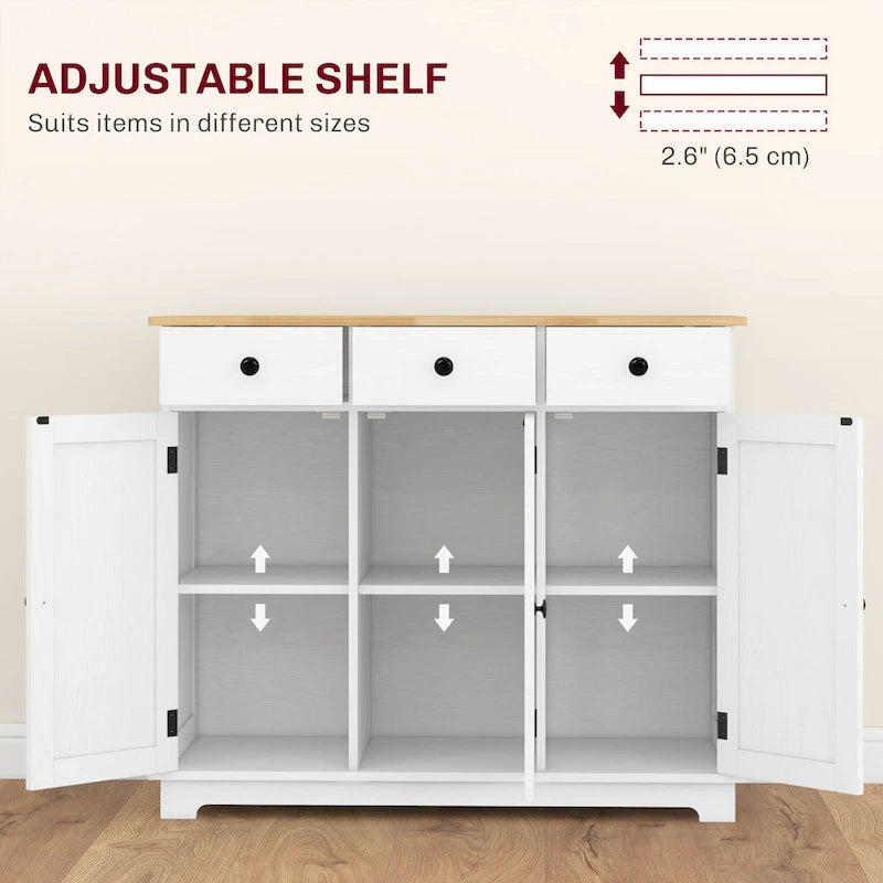 Sideboard Storage Cabinet with Solid Rubberwood Top and 3 Drawers - Distressed Light Grey