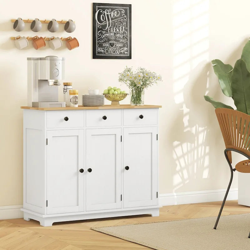 Sideboard Storage Cabinet with Solid Rubberwood Top and 3 Drawers - Distressed Light Grey