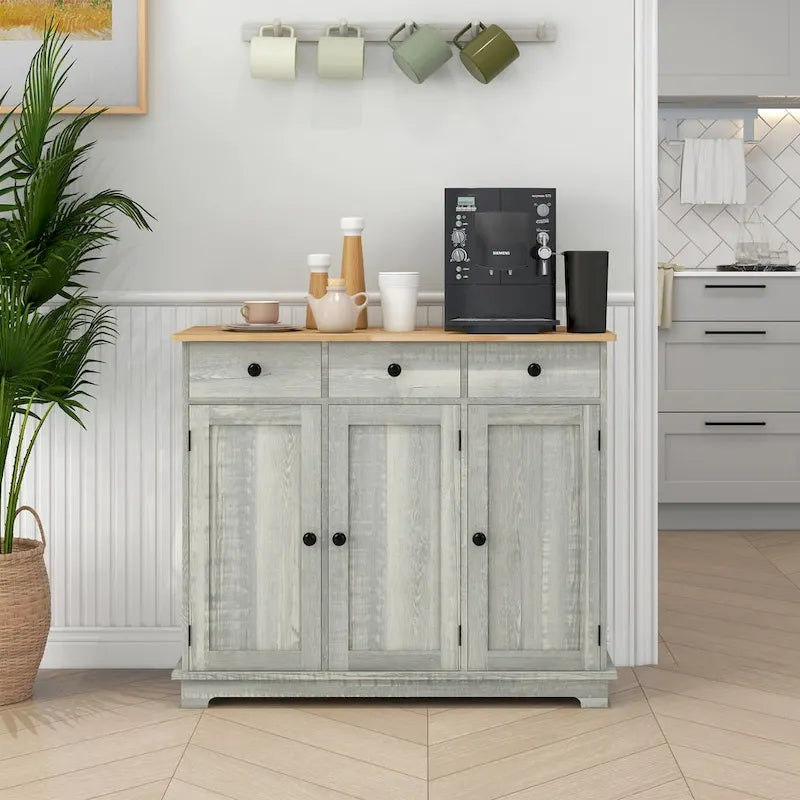 Sideboard Storage Cabinet with Solid Rubberwood Top and 3 Drawers - Distressed Light Grey