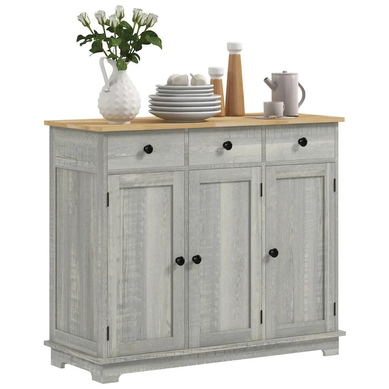 Sideboard Storage Cabinet with Solid Rubberwood Top and 3 Drawers - Distressed Light Grey