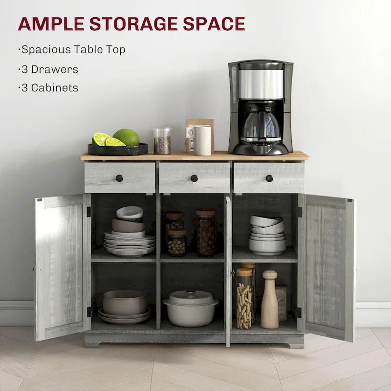 Sideboard Storage Cabinet with Solid Rubberwood Top and 3 Drawers - Distressed Light Grey