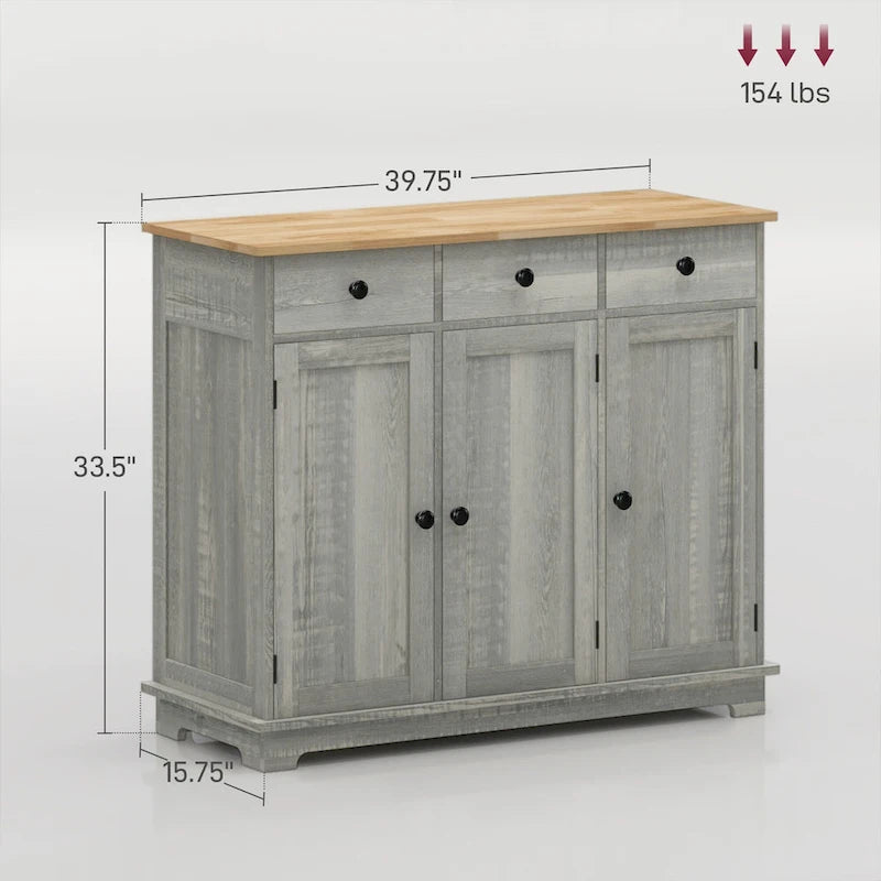 Sideboard Storage Cabinet with Solid Rubberwood Top and 3 Drawers - Distressed Light Grey