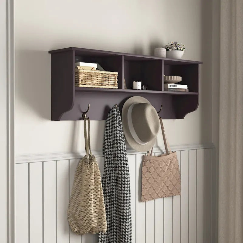 Espresso Entryway Wall Mounted Coat Rack with 4 Dual Hooks Living Room Wooden Storage Shelf