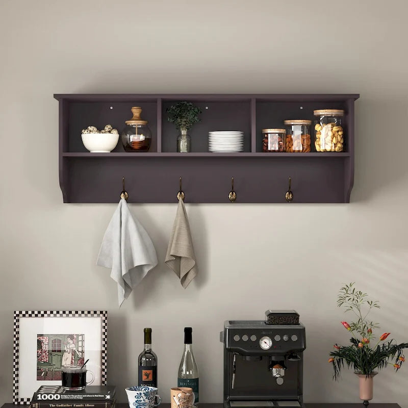 Espresso Entryway Wall Mounted Coat Rack with 4 Dual Hooks Living Room Wooden Storage Shelf