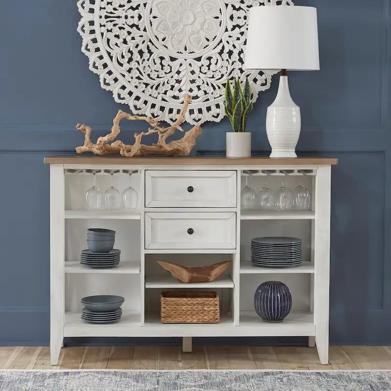 White Server with Stemware Rack and Adjustable Shelves