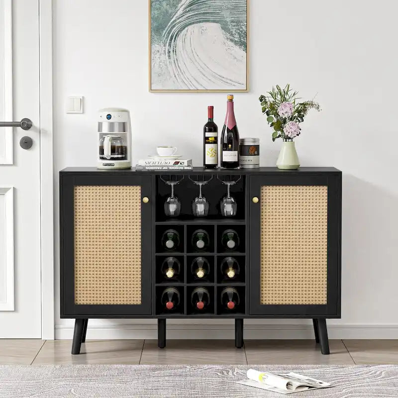 Modern 2-Door Black Wood Rattan Kitchen Buffet Sideboard with Wine Rack