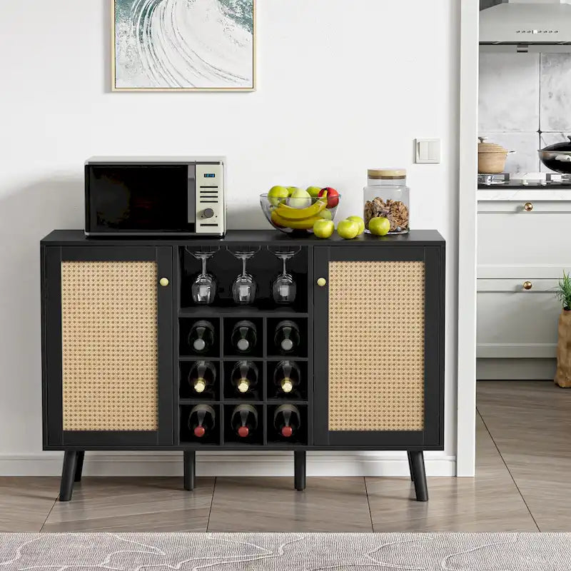 Modern 2-Door Black Wood Rattan Kitchen Buffet Sideboard with Wine Rack