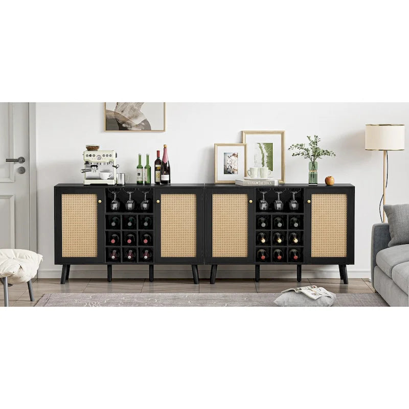 Modern 2-Door Black Wood Rattan Kitchen Buffet Sideboard with Wine Rack