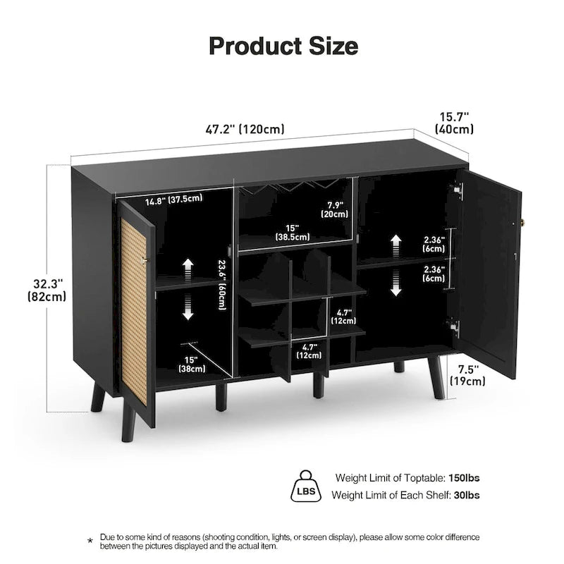 Modern 2-Door Black Wood Rattan Kitchen Buffet Sideboard with Wine Rack