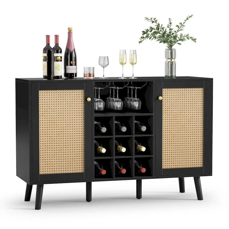 Modern 2-Door Black Wood Rattan Kitchen Buffet Sideboard with Wine Rack