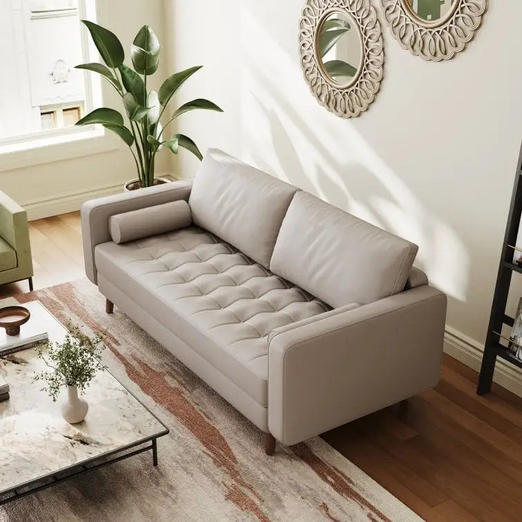 70" Tufted Faux Leather Square Arm Sofa with 2 Toss Pillows