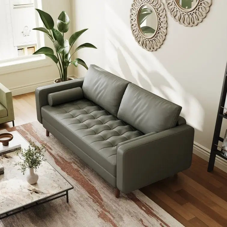 70" Tufted Faux Leather Square Arm Sofa with 2 Toss Pillows